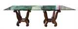 Double mahogany base glass top dining table