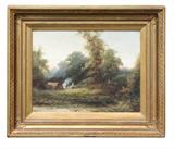 Oil on canvas depicting a landscape with campfire signed lower left Peter Leslie