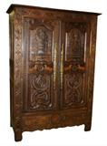 French Provincial marriage armoire with birds and studded decoration