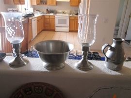 Variety of Pewter, including Etched-Glass Hurricane Lamps