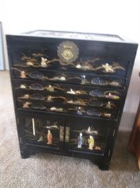 Asian-Themed Flatware Cabinet/Chest, Black Lacquer with Painted Embellishments.  Top Lifts and there are Drawers.  Beautiful & Unique!