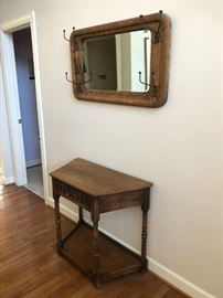 Antique oak mirror and single drawer table