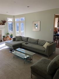 Designer light green sectional sofa, chair and ottoman