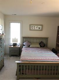 Broyhill Premier light brown and green bedroom set — queen bed with large wood headboard, two (2) large bookcases, study desk, 1 chest of drawers, night table and 1 CD/curio case