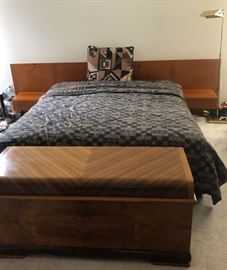 Teak queen bed (part of matching bedroom set) from SCAN Furniture and antique oak cedar chest