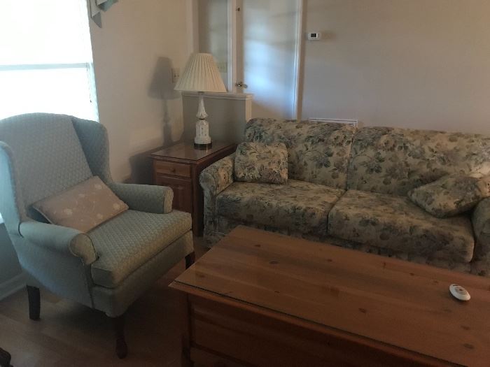 Sofa, accent chair, Coffee table, lamp table, and one of two lamps
