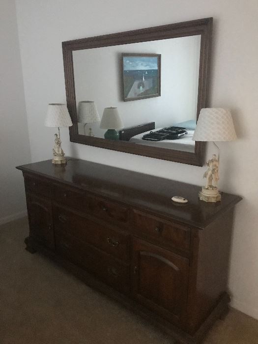 Ethan Allen dresser and mirror and figural lamps