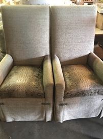 Pair of new upholstered high back chairs with leather seats