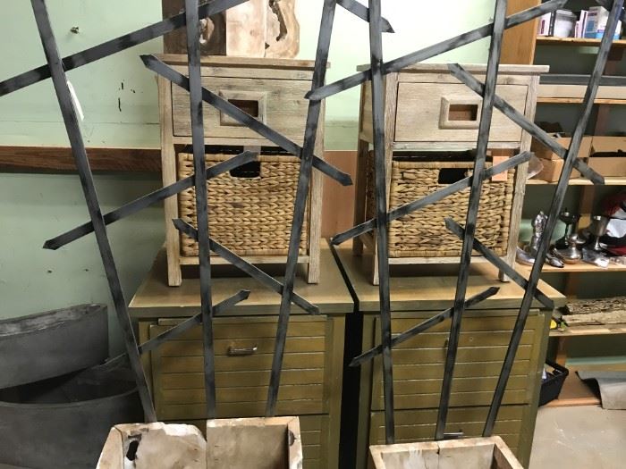 Metal (heavy) garden trellis',  pair of freshly unpacked end tables with basket drawers (think beach house).