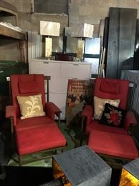Pair of Mid-Century TEAK lounge chairs - beautifully made with matching ottomans, very complete with weighted head pillows - These will need to be recovered.