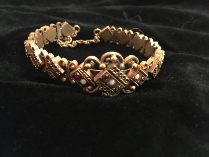10k with moonstone and ruby Victorian era bracelet, one of a pair