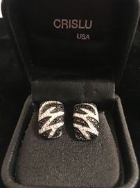 14k white gold clip earrings with white and black diamonds