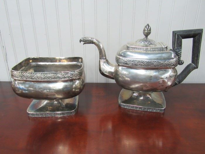 Thomas Fletcher & Sidney Gardiner Coin Silver  Eagle Head spout c.1820 Teapot and Waste bowl, Philadelphia