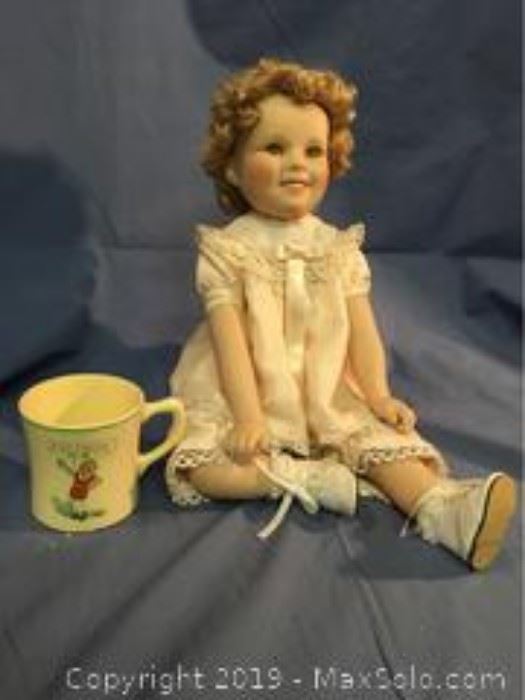 1996 Shirley Temple Doll collection by Elle Hutchens from Danbury mint 11 inches tall. Vintage Orphan Annie Ovaltine mug. 