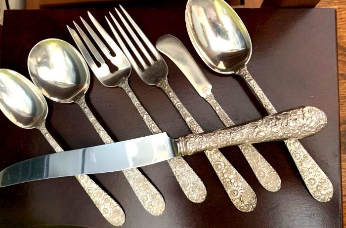 Large set of Alvin Bridal Bouquet sterling silver flatware. A few pieces of Kirk mixed in.