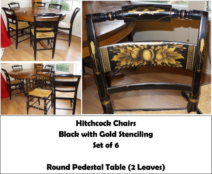 Hitchcock black and gold chairs. Round oak dining table
