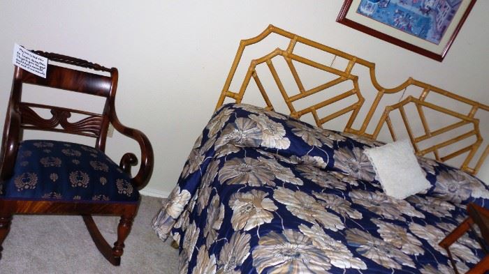 antique rocking chair. Bamboo style king headboard and mattress set