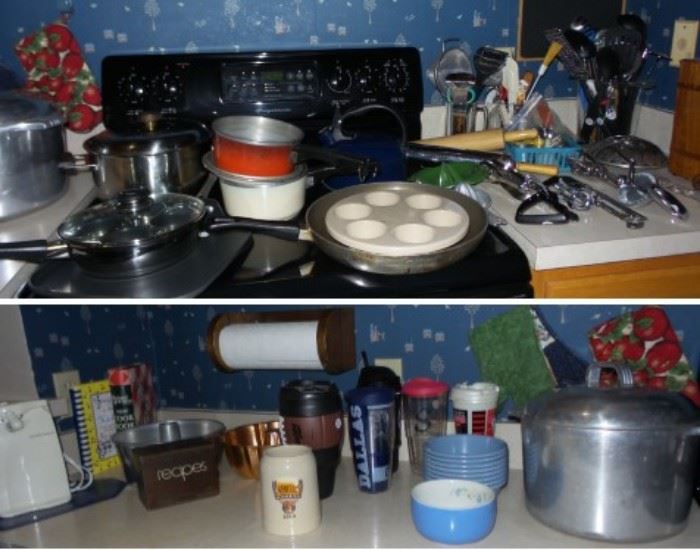 Full kitchen including Tervis Tumblers, faux Yeti, Wagner Ware stock pot. Utensils and tools old to new