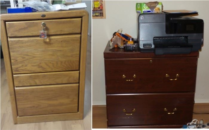 oak 2-drawer file and cherry lateral file. Newer HP all in one printer