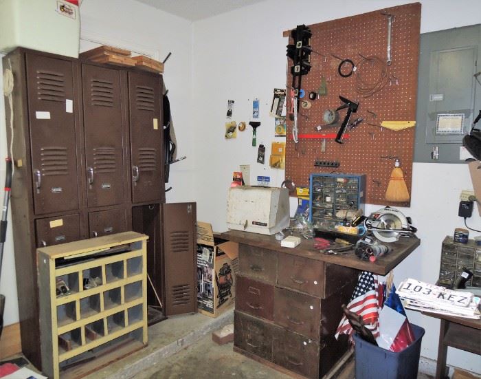 Garage and tools. Old lockers, individual file drawers, old wood shelf