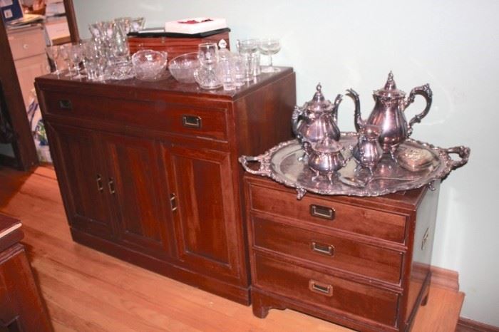 Cabinet and Server with Tea Set, Stemware and Decorative Serving Pieces
