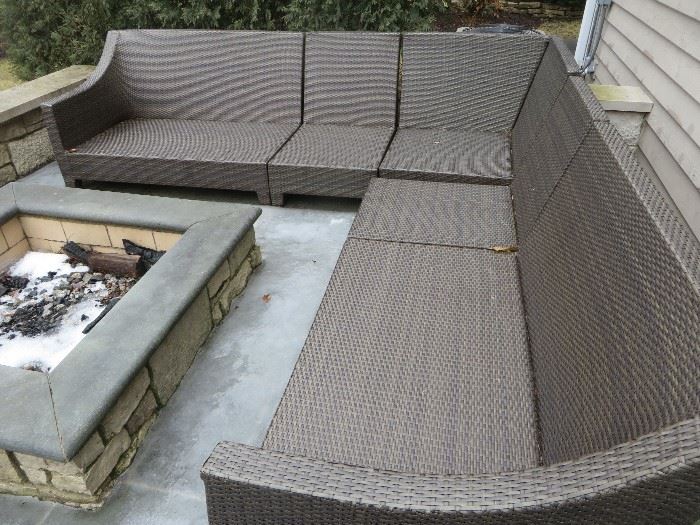 RESTORATION HARDWARE OUTDOOR BROWN ALL-WEATHER WICKER SECTIONAL WITH CUSHIONS (note:  cushions not in photo)
sectional consists of 1 two-seat left-arm sofa, 1 two-seat right-arm sofa, 2 armless chair and 1 corner chair.