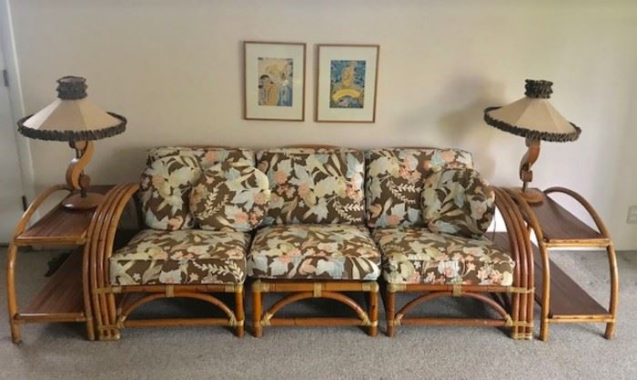 Pair of 1950’s atomic mid-century modern lamps, •	Vintage late 1940s /1950's Set of Bamboo Rattan Tiki Living Room/ Den Furniture