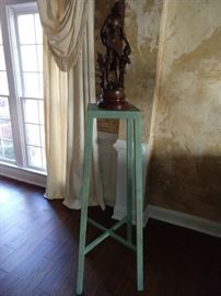 Green metal stand, with vintage French bronze "L'Instruction, by Bruchon.
