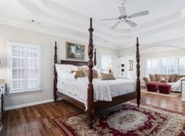 King size mahogany 4-poster bed, by Lexington Furniture, "The Palmer Home Collection"; French Aubusson rug. All bedroom furniture was purchased from the Wood-Armfield furniture Co., High Point, NC, in 1998. King size bed - $1,600.00 Night stand - 550.00 Land Mirror - 300.00 Dresser - 1,094.00 Linen press - 1,500.00