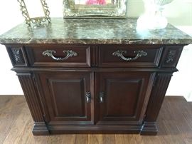 Bernhardt "Embassy Row" server, with marble top and pacific cloth silverware drawer.