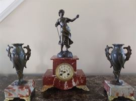 Vintage French bronze and marble clock set.