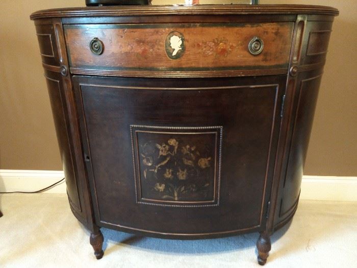 Vintage hand painted mahogany demilune, by Berkey & Gay, Grand Rapids, MI; matching wall mirror.
