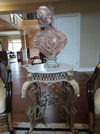 Antique French wrought iron & beveled white marble table, with antique terra cotta bust of Marie Antoinette.