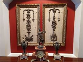 Antique French bronze/marble clock set, with pair of vintage John Richard's framed fragments.