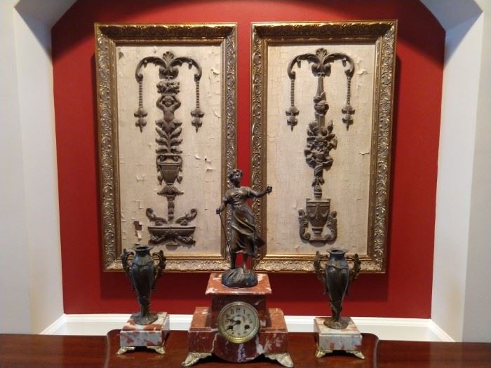 Antique French bronze/marble clock set, with pair of vintage John Richard's framed fragments.