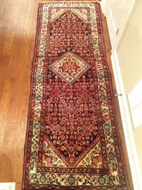 Vintage hand woven Persian Viss runner, 100% wool face, measures 3' 9" x 10' 5".
