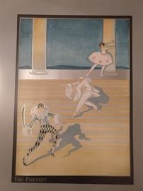 This is a vintage lithograph on silver metallic paper, by Phyllis Emmerson, "The Pursuit".