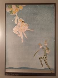 This is a vintage lithograph on silver metallic paper, by Phyllis Emmerson, "The Escape".