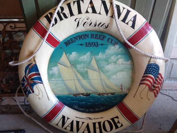 Well, well, I nevah! A hand painted life preserver to commemorate the infamous 1893 Brenton Reef Cup, that's been the staple of family conversations during every holiday dinner ever since - the dual of the Britannia vs. Navahoe - it was ghastly!