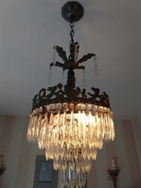Antique French old brass & crystal chandelier.