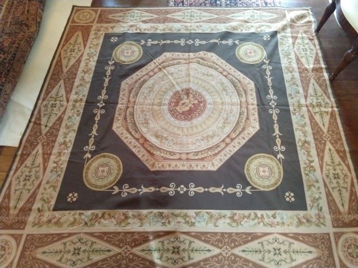 Hand woven French Aubusson rug, 100% wool Face, measures 8' square.