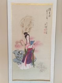 One of a set of four hand painted Asian scrolls on rice paper, with blue & white porcelain knobs.