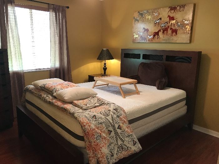 Bedroom set.  Queen Headboard with foot board and side rails,  Chest of Drawers, and Nightstand.  Pristine Memory Foam mattress and box spring.
