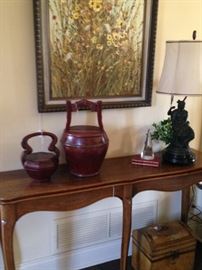 Sofa/wall table; Asian rice buckets; bronze lady lamp