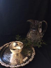Silver plate tray with center attached bowl; pressed glass pitcher