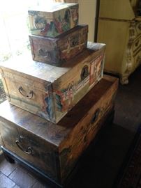 Four rare  Chinese hand-painted pigskin marriage boxes