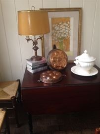 Antique drop leaf table; striking copper lamp and other copper selections; stoneware tureen and underplate