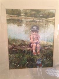 Art of a little boy pondering by the pond