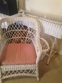 White wicker chair (magazine rack sides) and planter
