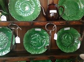 Quite a collection of green Majolica plates